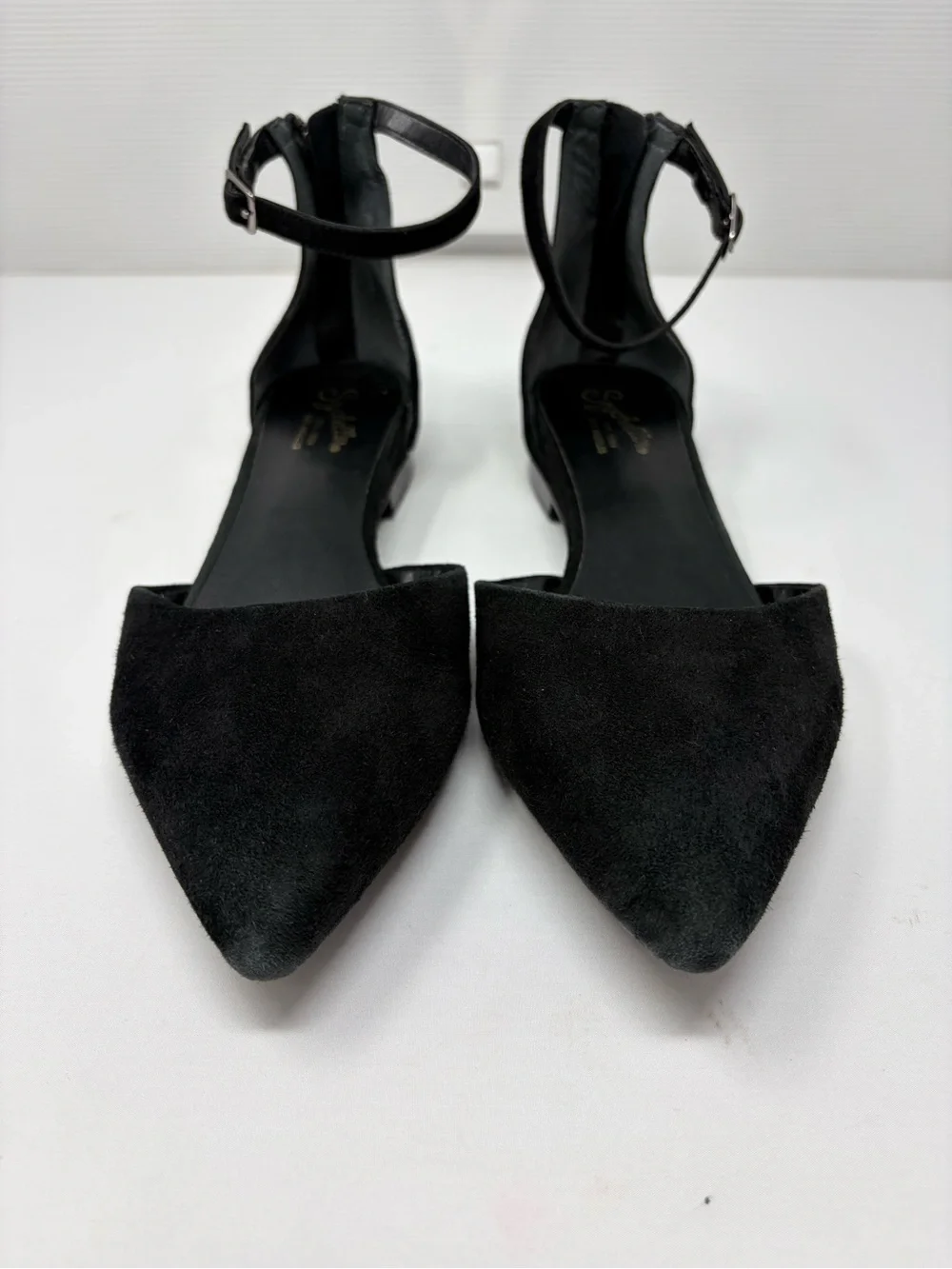Seychelles Plateau d'Orsay Flats Black Suede Leather 9.5 Ankle Strap Pointy Toe